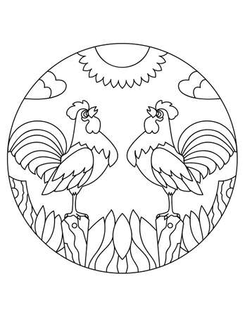 Rooster pattern. Illustration of roosters. Mandala with an animal.  Roosters in a circular frame. Coloring page for kids and adults. Farm bird in nature.のイラスト素材