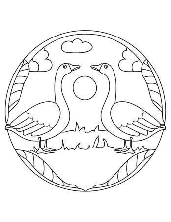 Goose pattern. Illustration of Goose. Mandala with an animal. Geese in a circular frame. Coloring page for kids and adults. Farm bird in nature.のイラスト素材
