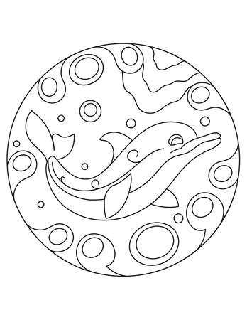Pattern with dolphin. Illustration with a dolphin. Mandala with an animal. Dolphin in a circular frame. Coloring page for kids and adults.のイラスト素材