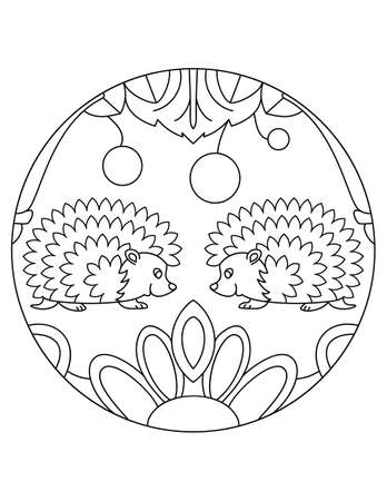 Hedgehog pattern. Illustration of hedgehogs. Mandala with an animal.  Hedgehogs in a circular frame. Coloring page for kids and adults.の写真素材