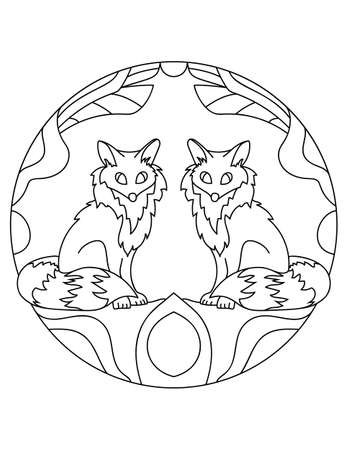 Pattern with foxes. Illustration with a fox. Mandala with an animal. Predator in a circular frame. Coloring page for kids and adults.の写真素材