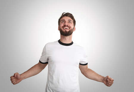 Soccer player is celebrating and screamingの写真素材
