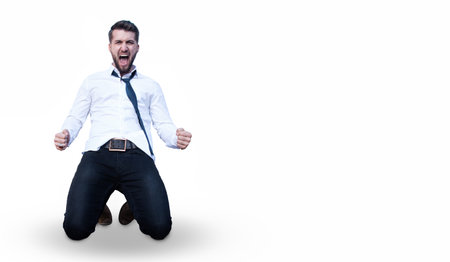 Attractive business man celebrating his victory isolated on a white background