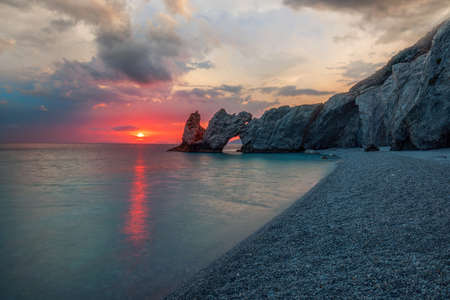 Dramatic sunrise in Skiathos, Lalariaの写真素材