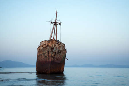 Shipwreck on the beach near Gytheio in Greeceの写真素材