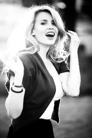 Black and white portrait of a beautiful woman with blond hairの写真素材