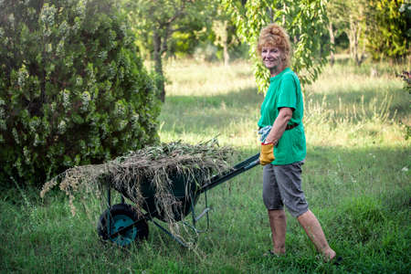 Pensioner with red hair at garden worksの写真素材