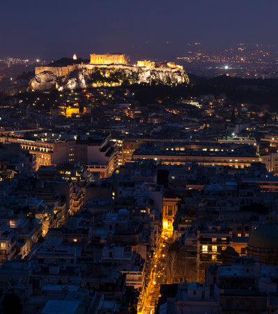 Acropolis and plaka at Athens in a blue hourの写真素材