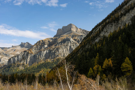 mountain peak view in swiss alps blue sky and trees, beautiful landscape