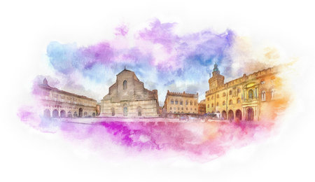 Bologna main square watercolor illustration, Italyの写真素材
