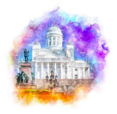 Helsinki Cathedral (Tuomiokirkko) watercolor illustration, Helsinki, Finlandの写真素材