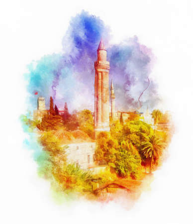 Kaleici old town watercolor illustration, Antalya, Anatolia, Turkeyの写真素材