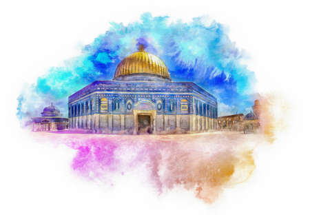 Dome of the Rock on the Temple Mount, Dome of the Rock, watercolor illustration, Jerusalemの写真素材