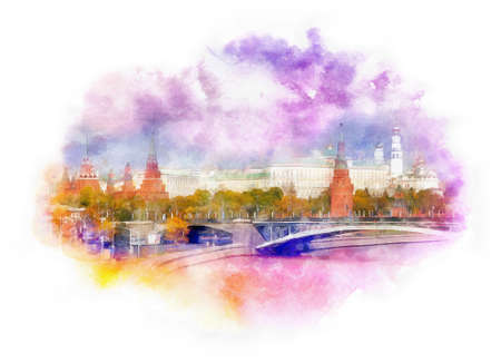 Kremlin and St. Basil's Cathedral watercolor illustration, Moscow, Russiaの写真素材
