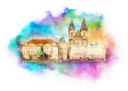 Old Town Square and Church of Mother of God, watercolor illustration, Prague, Czechの写真素材
