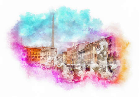 Piazza Navona watercolor illustration, Rome, italyの写真素材