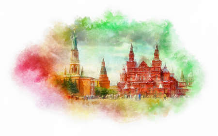 Red Square watercolor illustration, Moscow, Russiaの写真素材