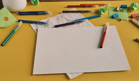 Kids homework color workspace . Creative kods desk view with copy space yellow