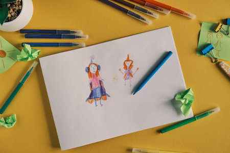Kids homework color workspace . Creative kods desk view yellow