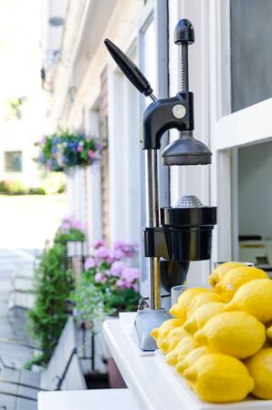 Leamonade stand with stacked lemon. Outdoorの写真素材