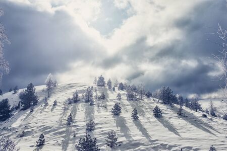 Mountain hill covered with snow, cross processed image, warm tones in the highlights, enhanced shadows with cooler tonesの写真素材