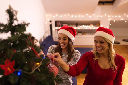 Shot of a two friends decorating a Christmas tree. Selective focus.の写真素材