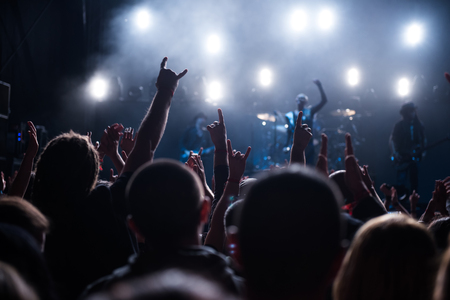 Rear view of a crowd at a festival with their hands raised in the air.の写真素材