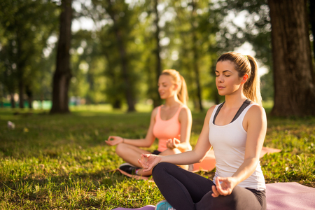 Two friends meditating while doing yoga in the park.の写真素材
