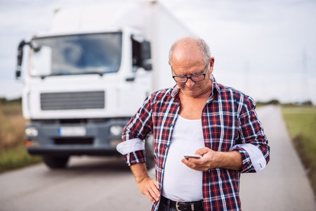 Senior trunk driver texting outdoors next to his trunk.