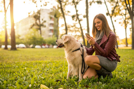 Woman texting while relaxing with her dog in the park.の写真素材