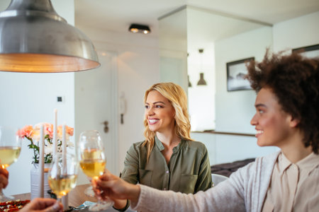 Shot of friends toasting at home over lunch at home.の写真素材