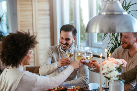 Group of friends having a toast and enjoying a lunch.