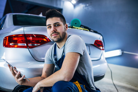 Portrait of a young auto mechanic using digital tablet.の写真素材
