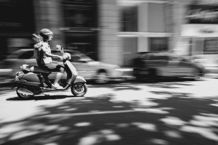 Blurred motion of a motorcyclist driving in the city.