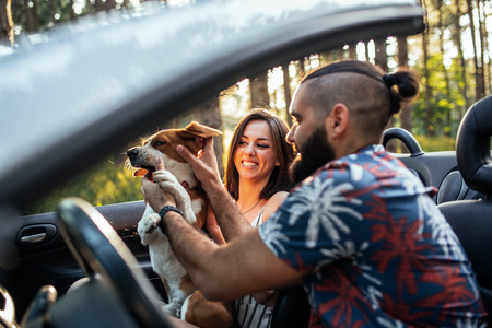 Portrait of a couple having fun with a dog in the car outdoors.の写真素材