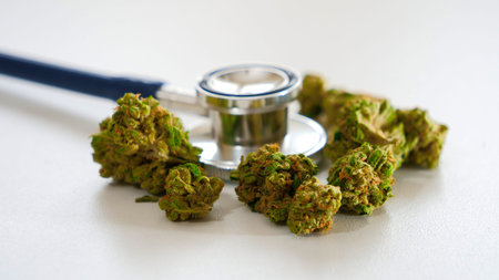 Macro  closeup of Medical Cannabis Marijuana with stethoscope