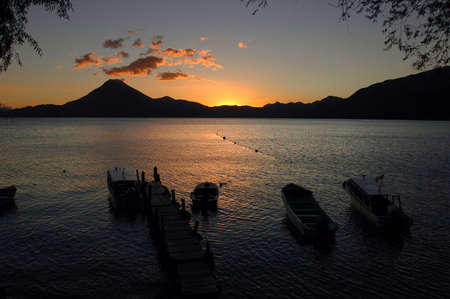 Sunset view from Panajachel of Lake Atitlan, San Pedro volcanoの写真素材