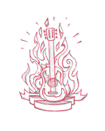 hand drawn vector illustration or drawing of an old school retro tatto style guitar on fire flamesのイラスト素材