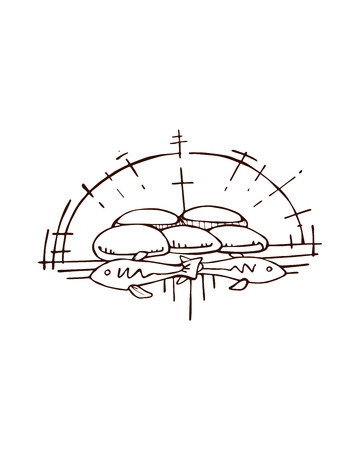 Hand drawn vector illustration or drawing of the Jesus miracle of the multiplication of five breads and two fishのイラスト素材