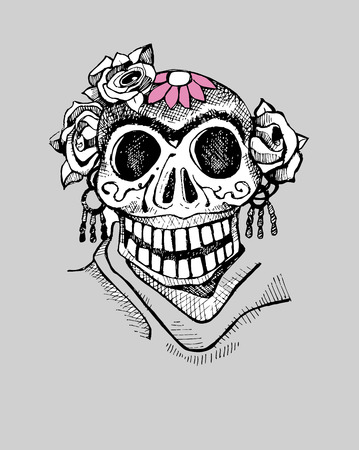 Hand drawn vector illustration or drawing of a skull and some flowers, representing the deads day mexican celebrationのイラスト素材
