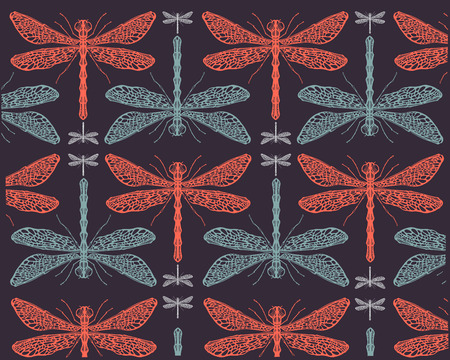 Hand drawn vector illustration or drawing of a dragonflies pattern or backgroundのイラスト素材