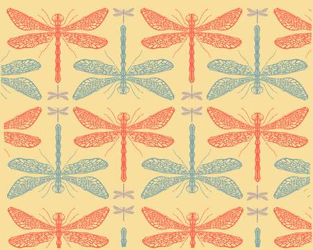 Hand drawn vector illustration or drawing of a dragonflies pattern or backgroundのイラスト素材