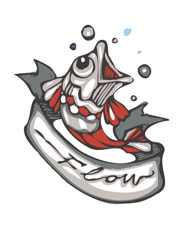 Hand drawn vector illustration or drawing of a japanese koi fish with a ribbon that says: Flowのイラスト素材