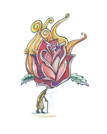 Hand drawn vector illustration or drawing of and old woman with a rose instead of headのイラスト素材