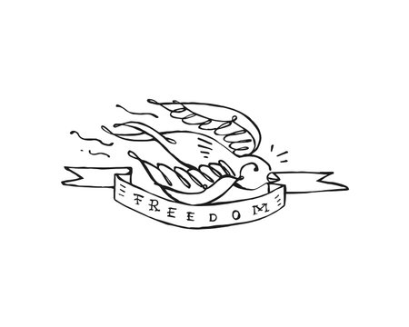 Hand drawn vector illustration or drawing of a swallow with a ribbon that says: freedomのイラスト素材