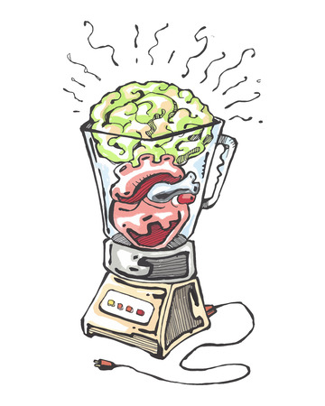 Hand drawn vector illustration or drawing of aheart and a brain in a shakerのイラスト素材