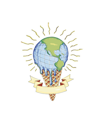 Hand drawn vector illustration or drawing of a cone with a melting world instead of ice cream, representing global warmingのイラスト素材