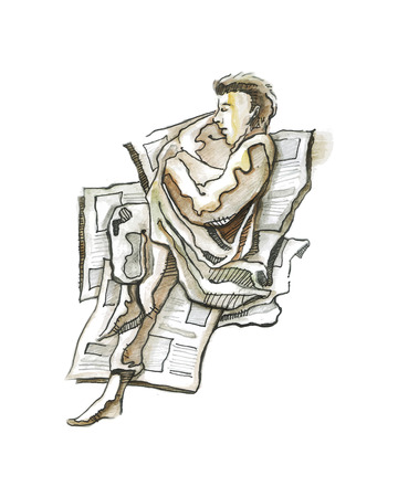 Hand drawn vector illustration or drawing of a sleeping homeless manのイラスト素材