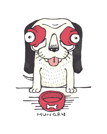Hand drawn vector illustration or drawing of a cartoon hungry dogのイラスト素材
