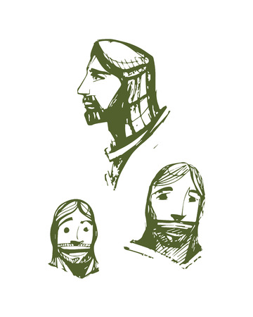 Hand drawn vector illustration or drawing of some Jesus facesのイラスト素材